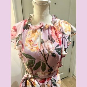 💟 TAHARI ASL LIKE NEW Ruffled Neck/Sleeve Floral Maxi dress Size 6